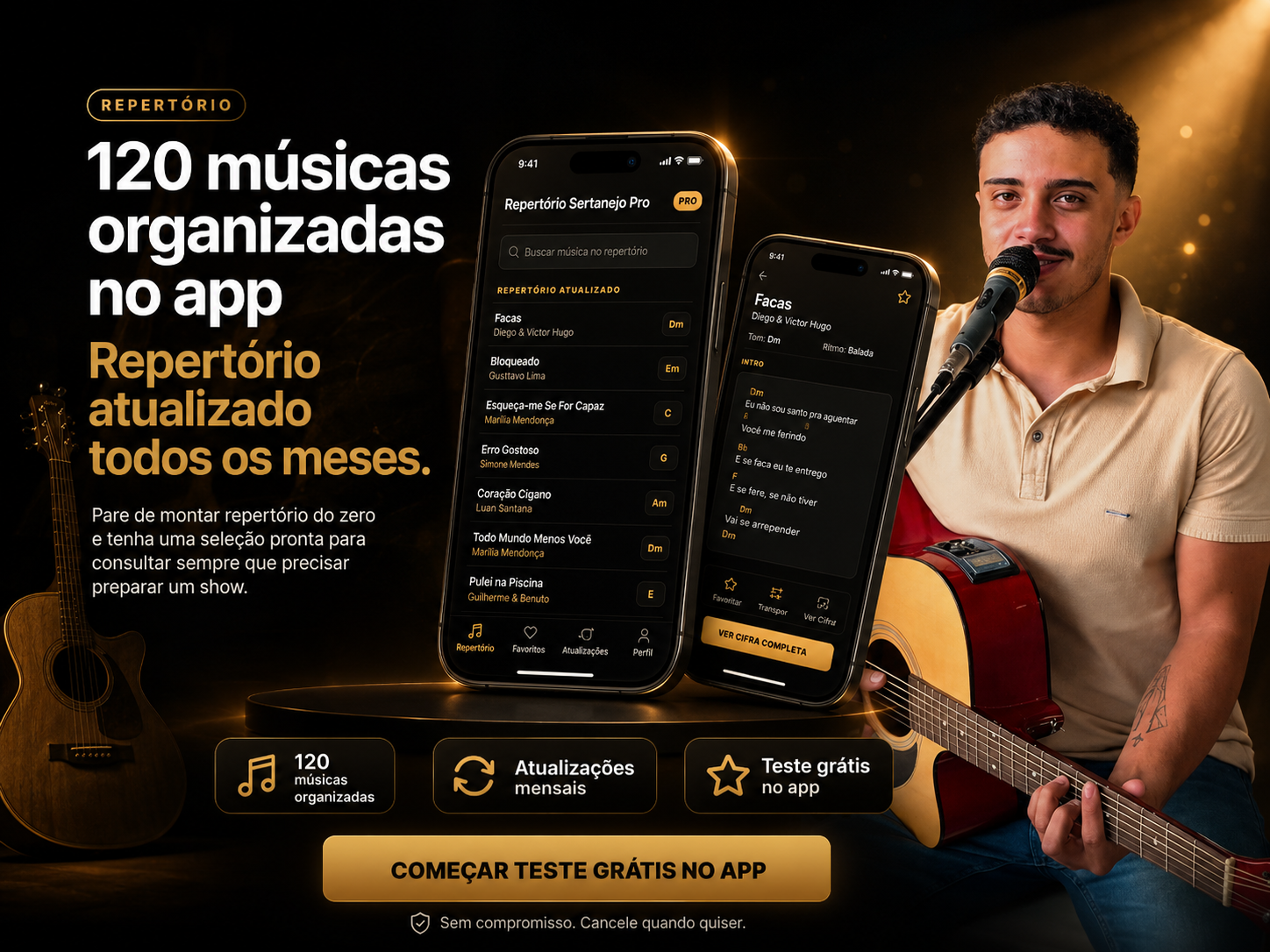 Mockup principal do aplicativo Repertório Sertanejo Pro